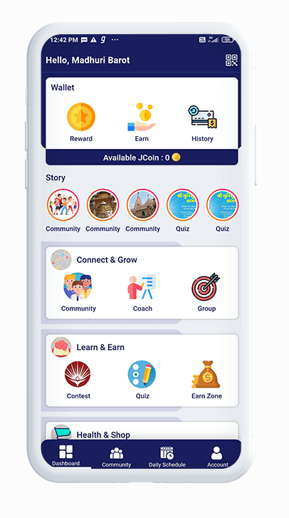 Mobile app interface showing a user dashboard with sections for Wallet, Story, Connect & Grow, Learn & Earn, and Health & Shop, with available JCoin displayed.