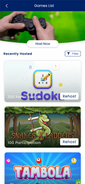 Mobile app interface showing the 'Games List' page with recently hosted games like 'Sudoku,' 'Snakes & Ladders,' and 'Tambola,' displaying participation statistics.