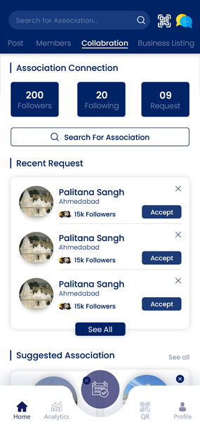 Mobile app interface showing the 'Collaboration' page with association connection details, recent requests for 'Palitana Sangh,' and suggested associations.