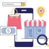 Illustration for Business Listing, showing a mobile app with a storefront and a magnifying glass, promoting business listing to generate revenue.