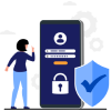 Illustration of a user logging into a mobile app with a secure login screen and a shield symbol representing security.